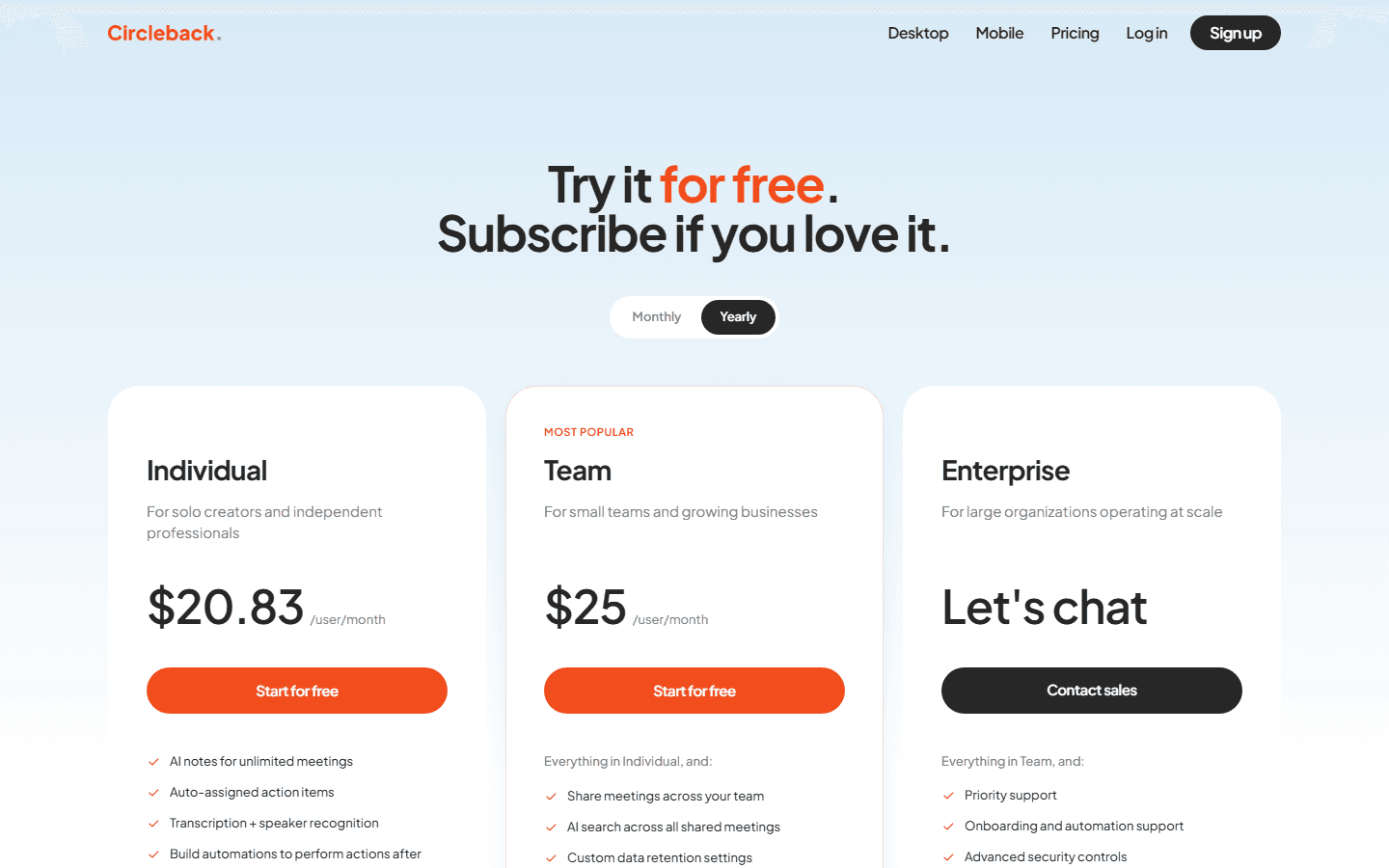 Circleback official pricing page showing Individual, Team, and Enterprise plans.