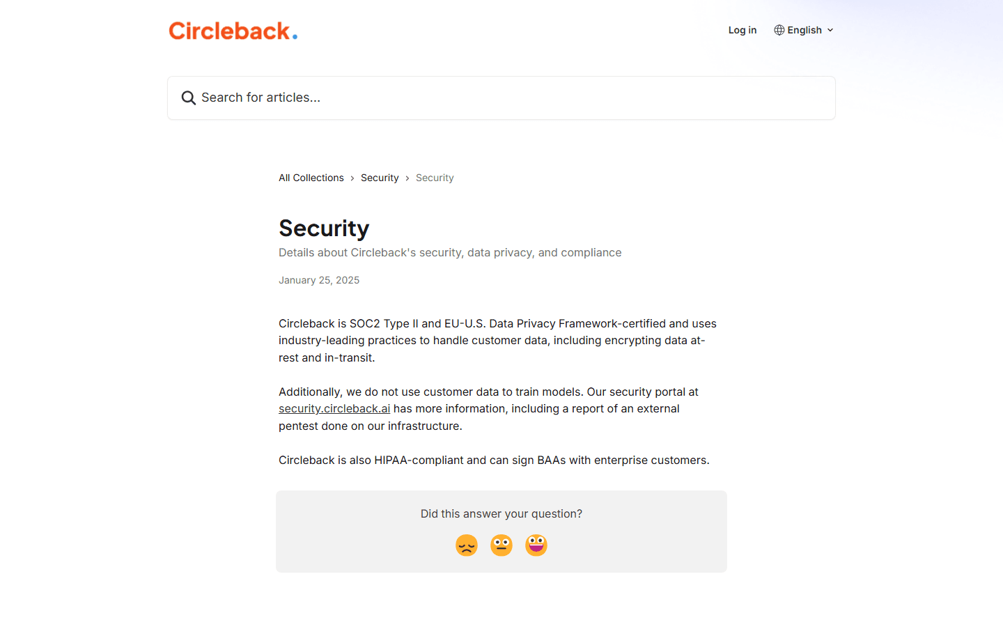 Circleback official support page for security, privacy, and compliance.
