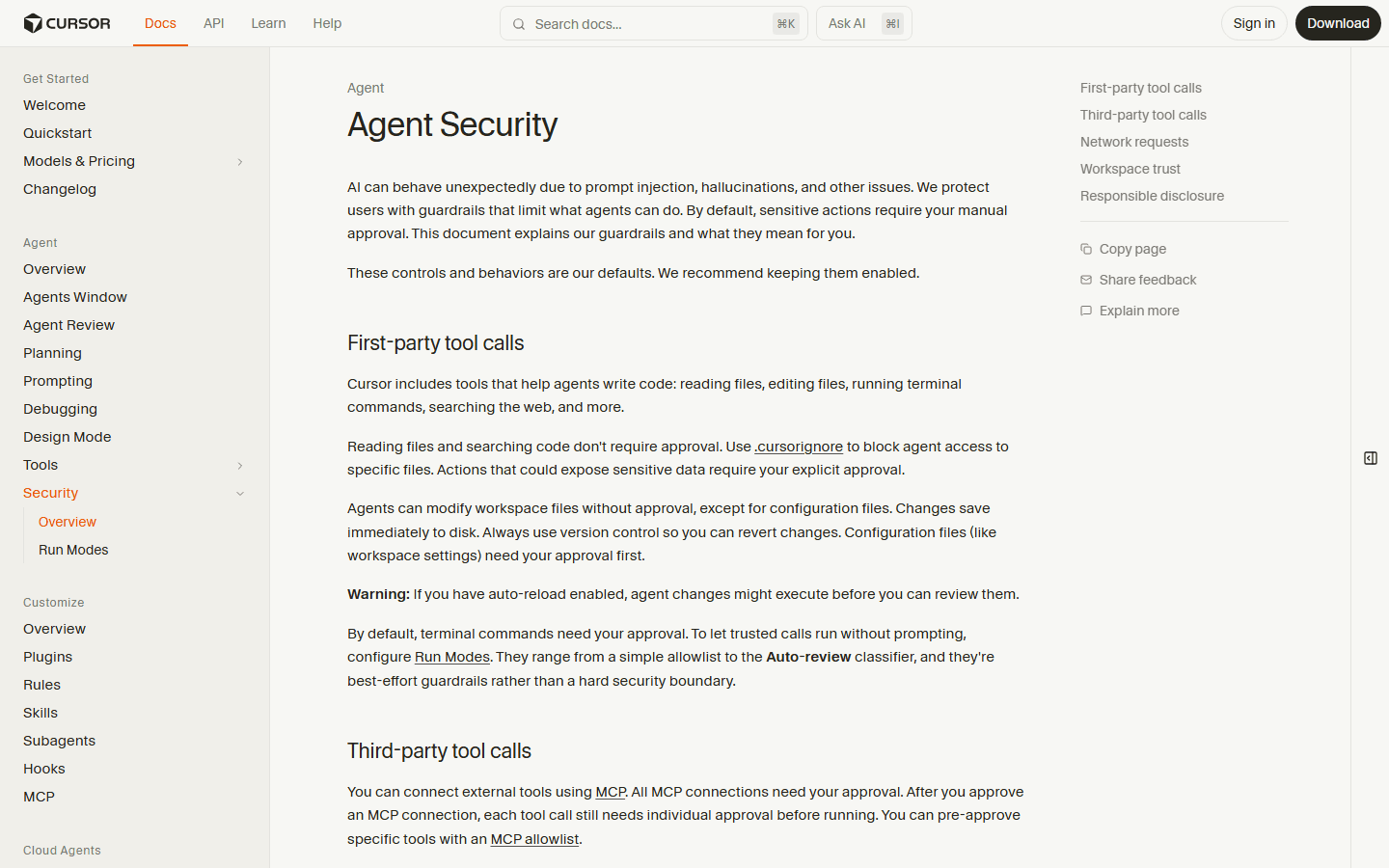 Cursor Agent Security official docs screenshot.