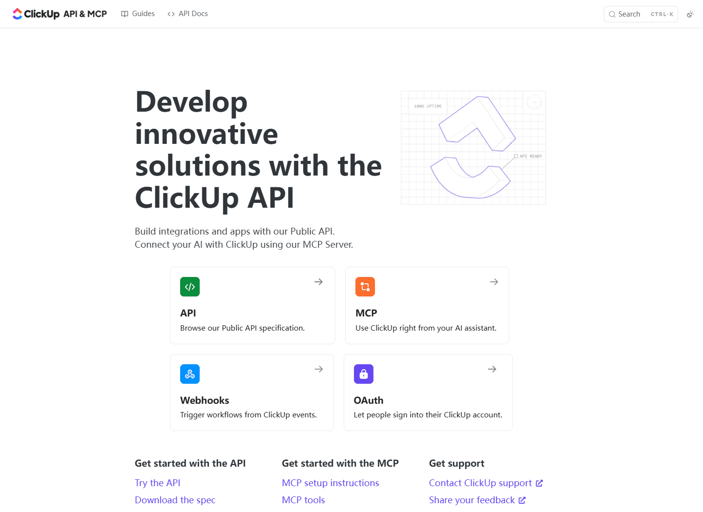 ClickUp developer page showing Public API, MCP, Webhooks, and OAuth options.