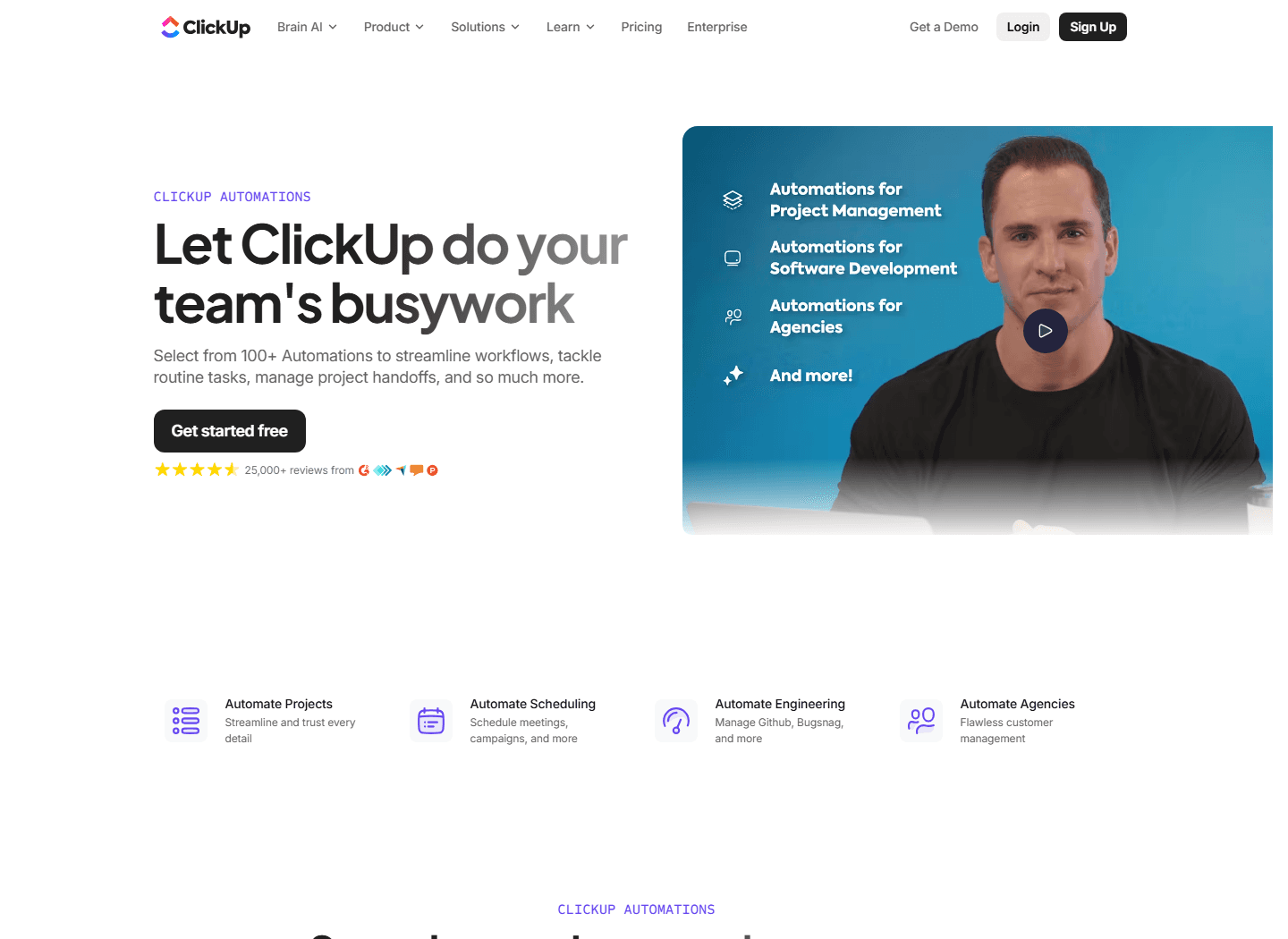 ClickUp official automations page showing automations for project management, software development, and agencies.