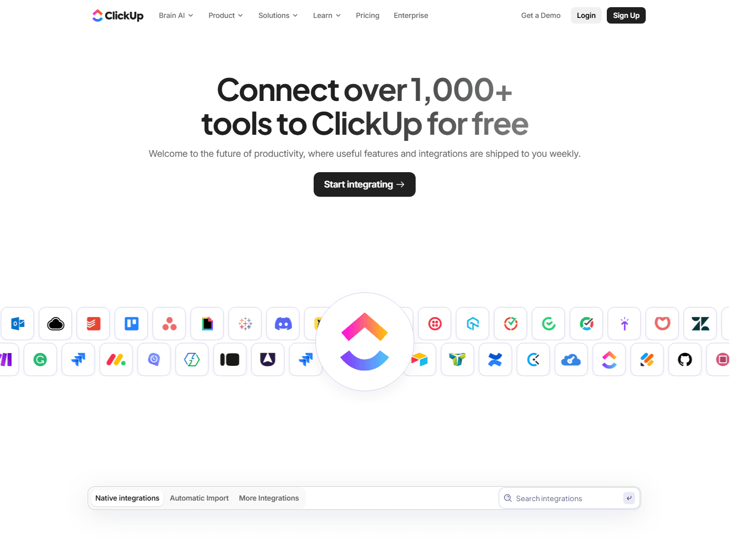 ClickUp official integrations page showing over 1,000 tools and native integration categories.