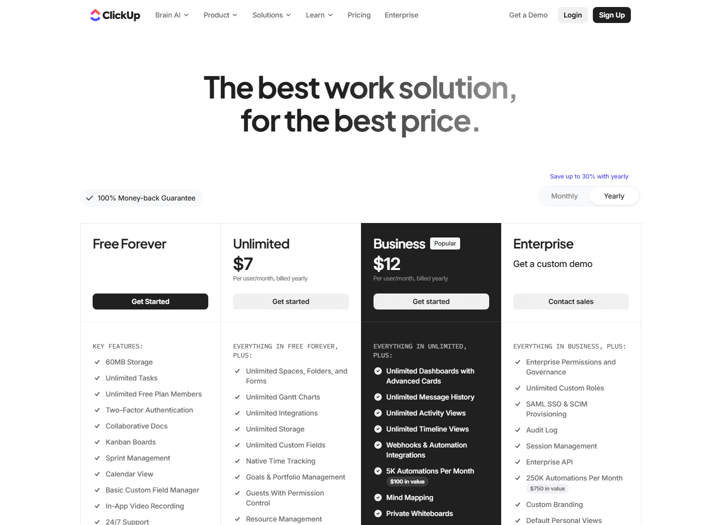 ClickUp official pricing page showing Free Forever, Unlimited, Business, and Enterprise plans.