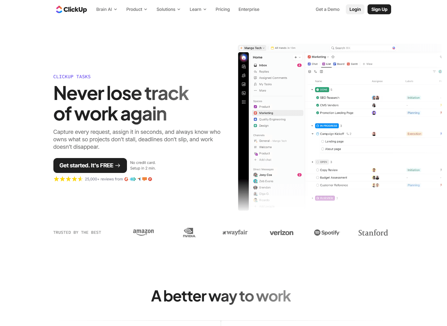 ClickUp official tasks page showing task lists and workspace structure.