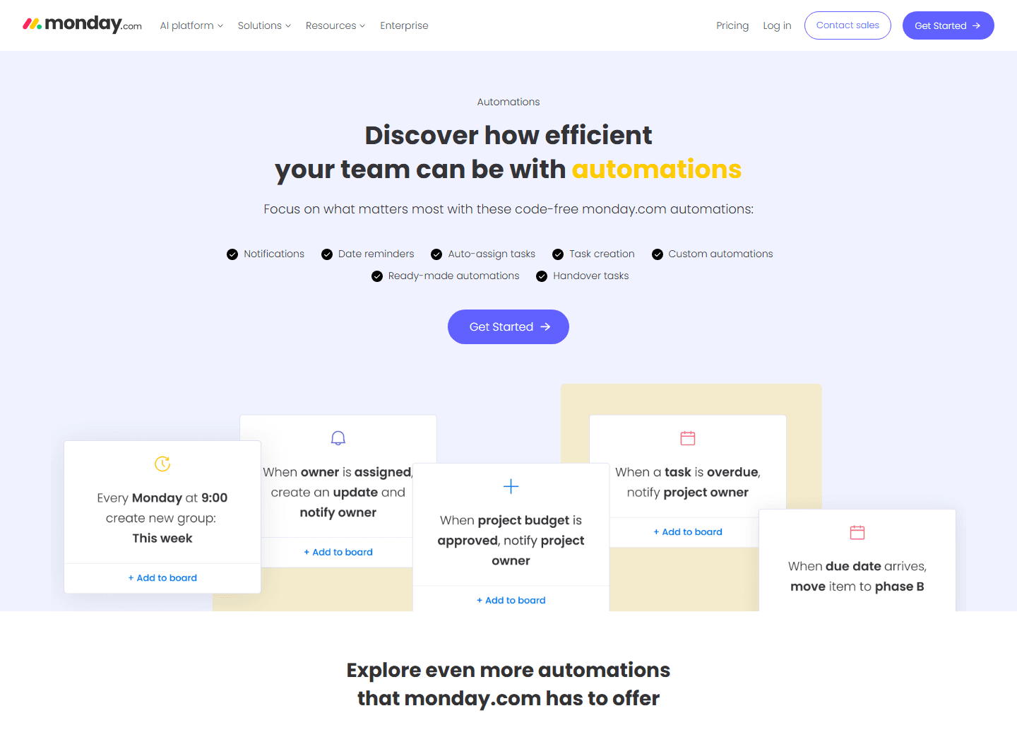 monday.com official automations page showing code-free automation cards.