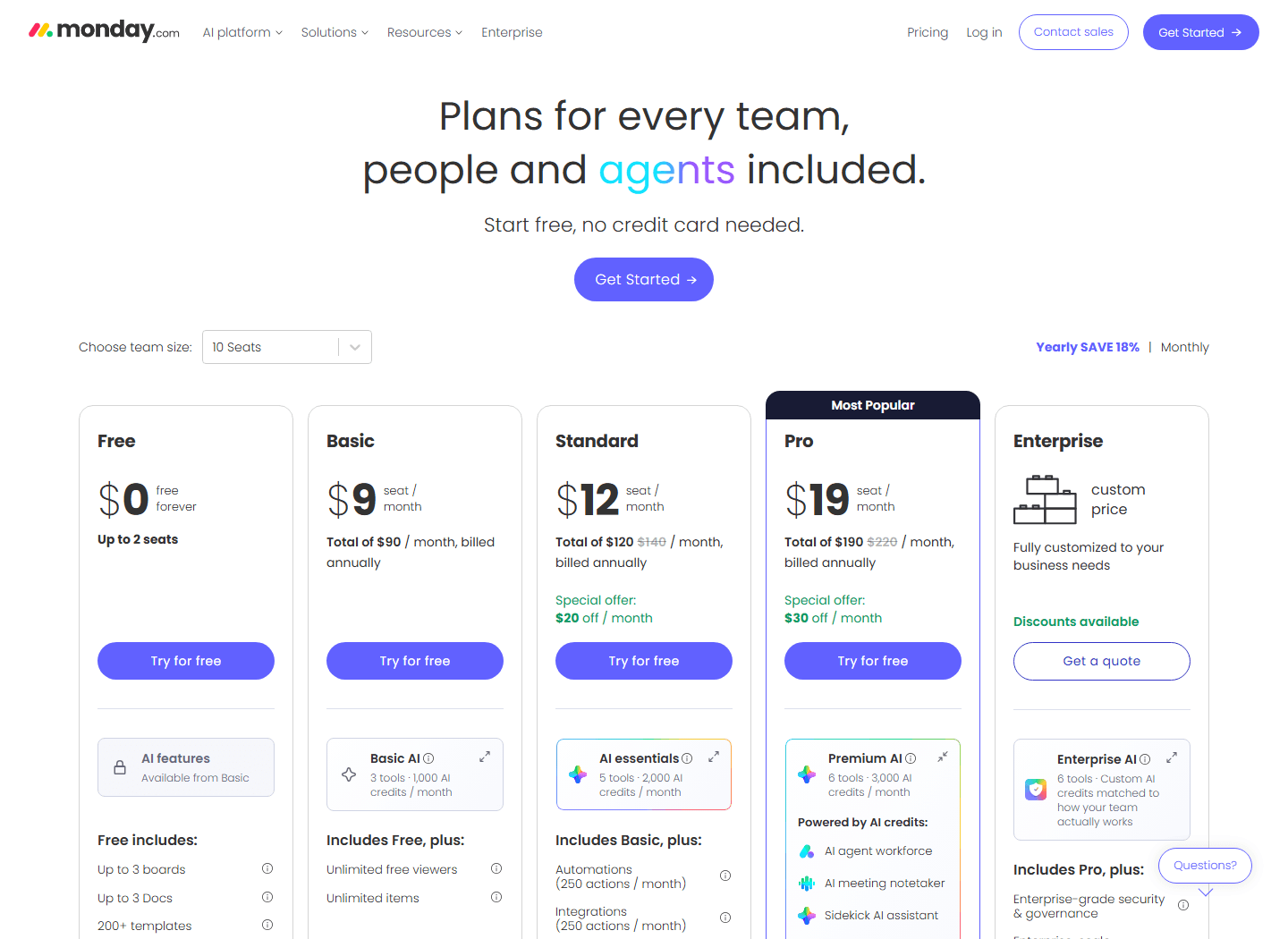 monday.com official pricing page showing Free, Basic, Standard, Pro, and Enterprise plans.