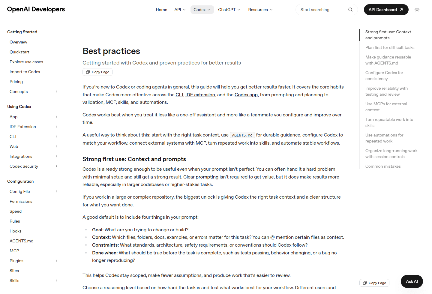 OpenAI Codex best practices page showing context, prompts, AGENTS.md, testing, and review topics.