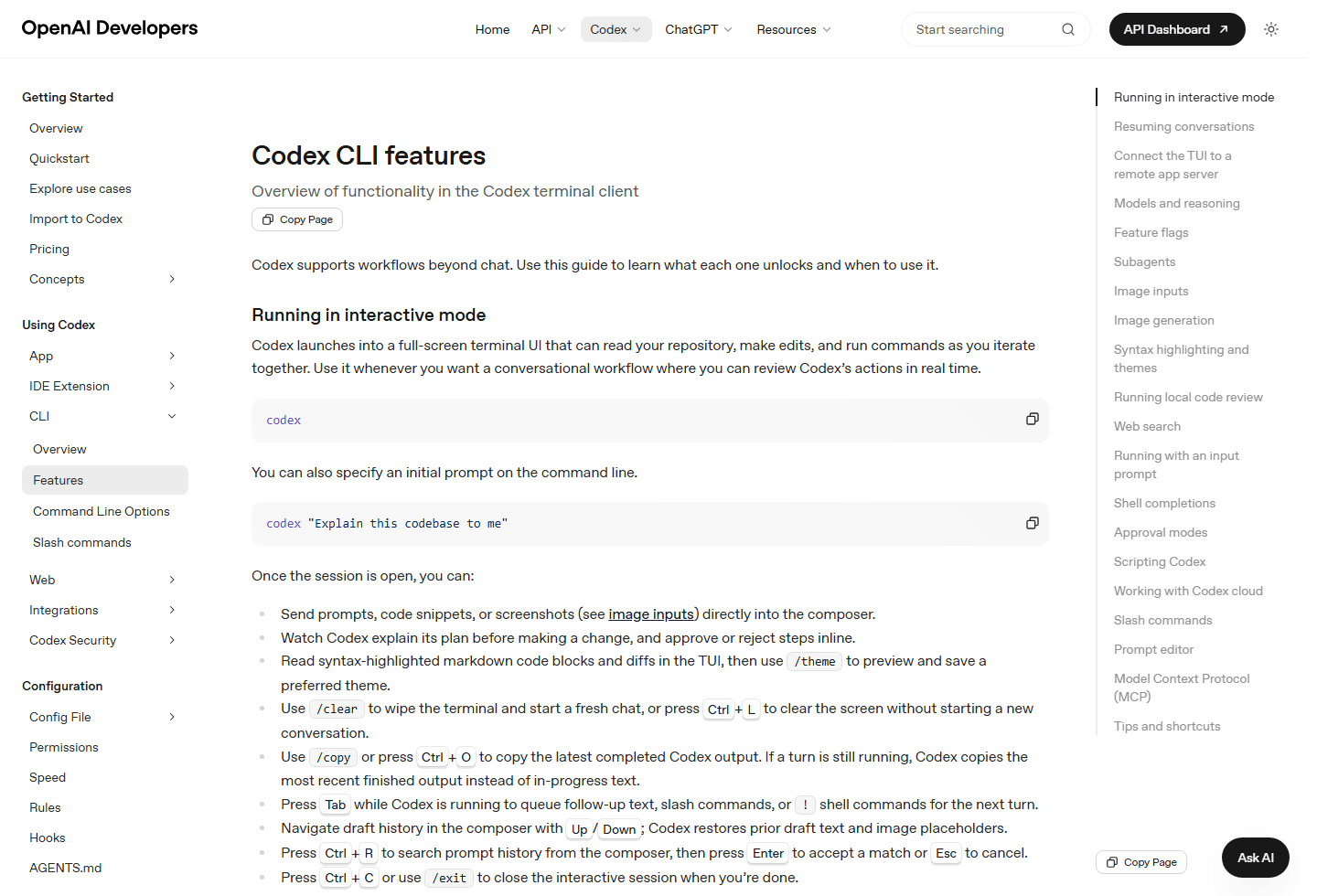 OpenAI Codex CLI features page showing interactive mode and workflow features.
