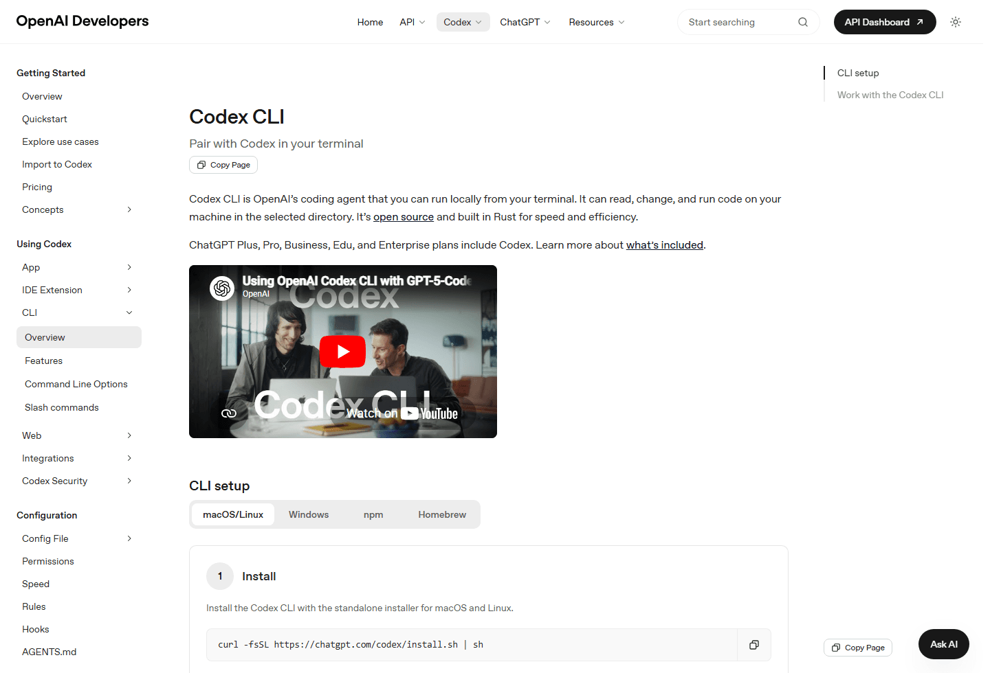 OpenAI Codex CLI official setup page showing install and run instructions.