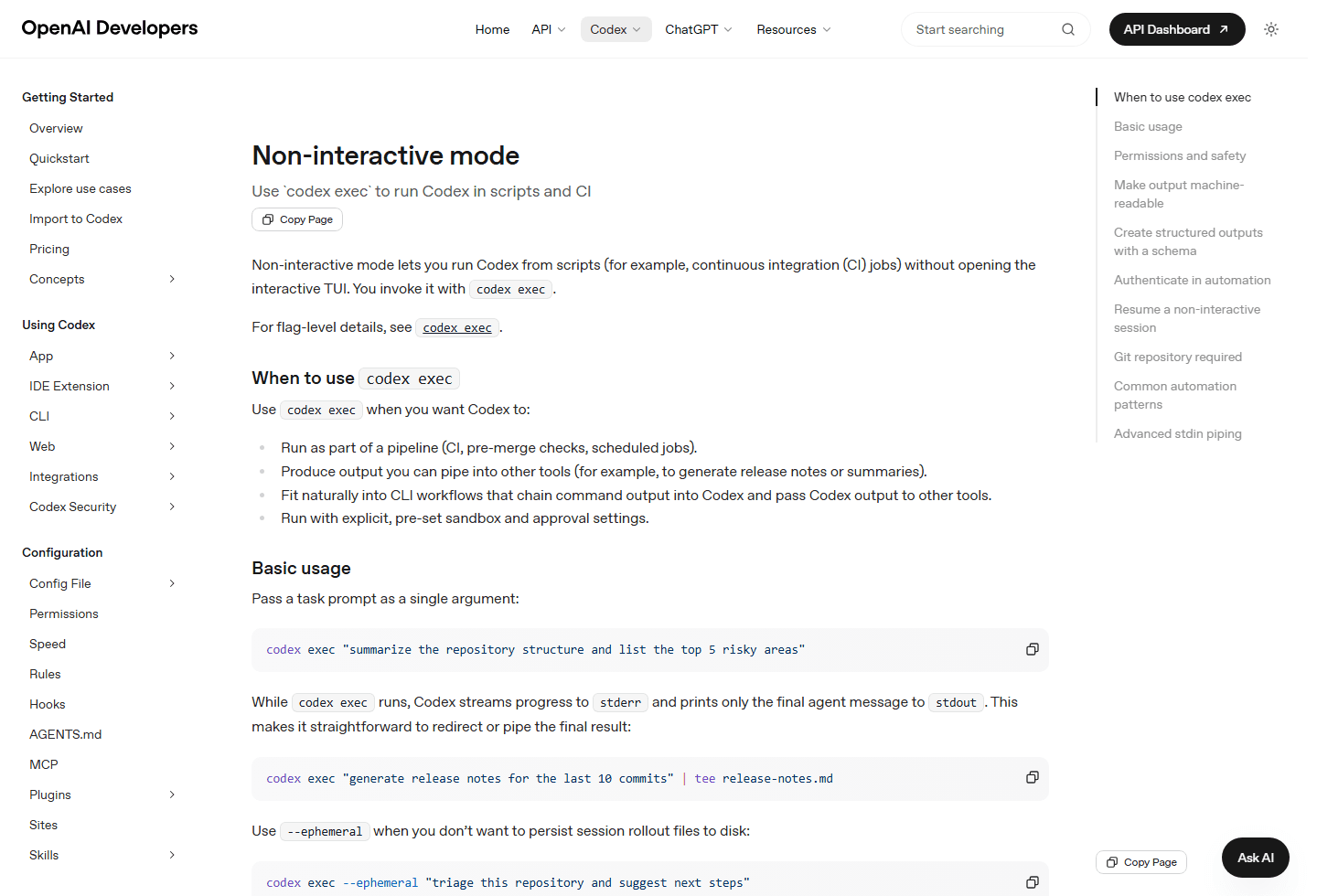 OpenAI Codex non-interactive mode page explaining codex exec.