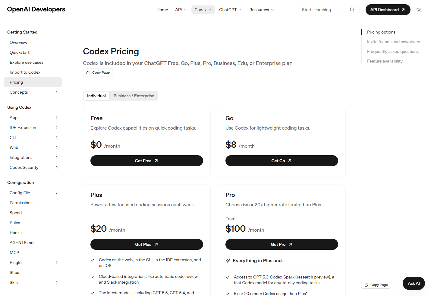 OpenAI Codex pricing page showing Free, Go, Plus, and Pro plan cards.