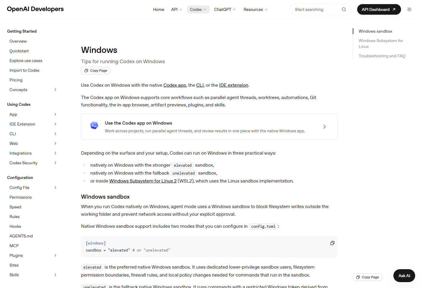 OpenAI Codex Windows page showing native sandbox and WSL guidance.