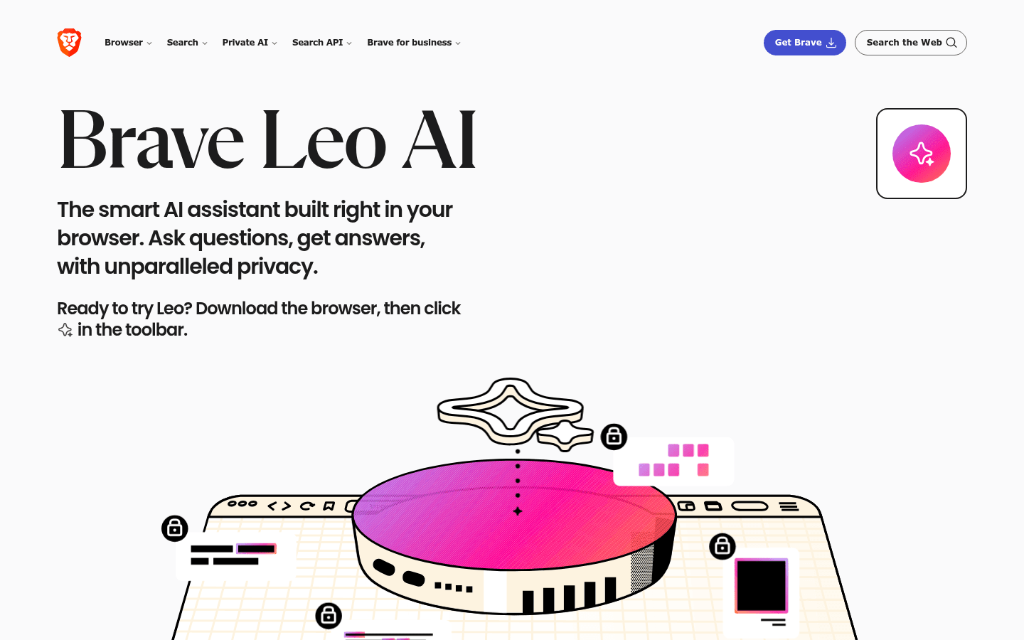 Brave English product page for the Leo browser assistant.