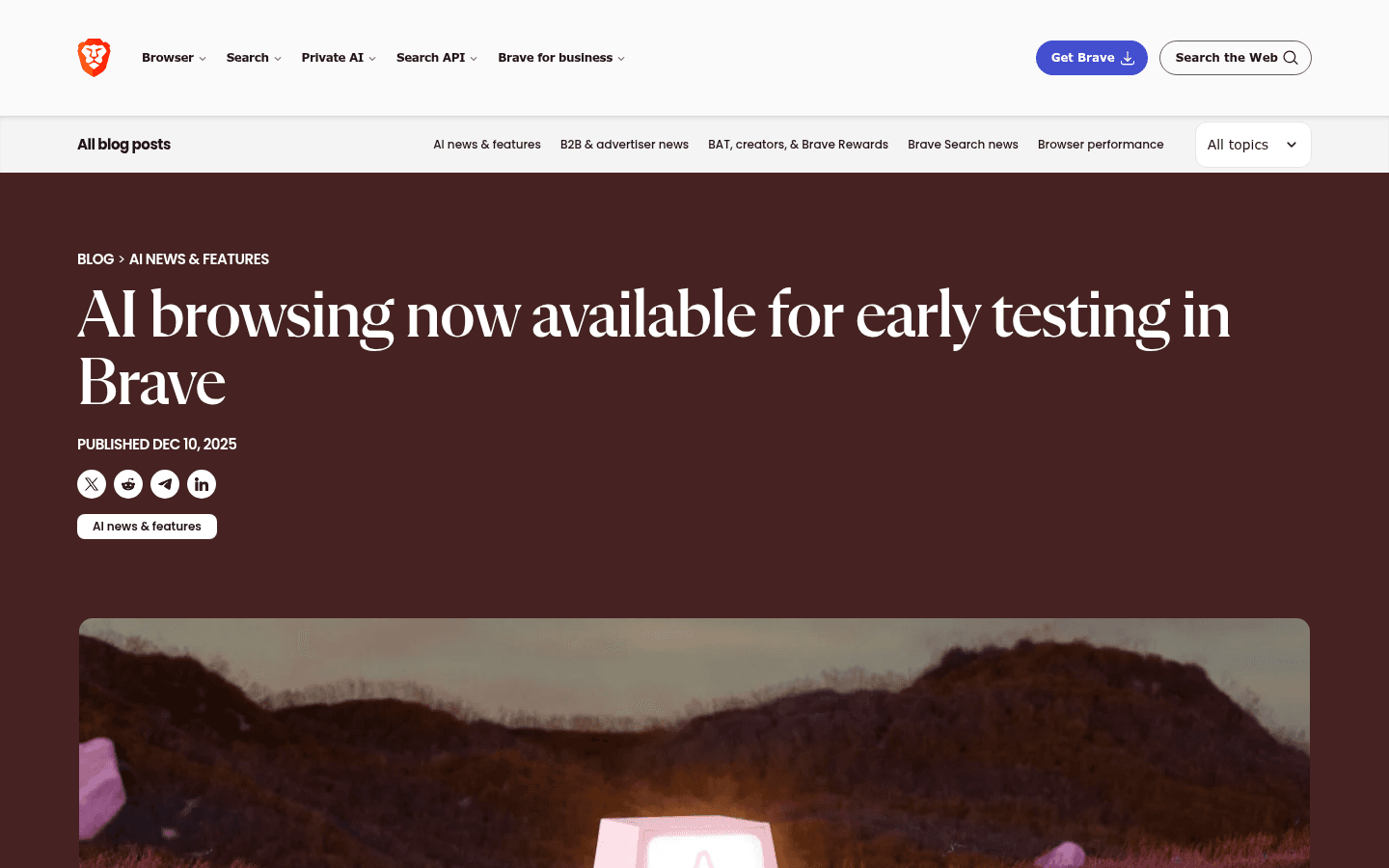 Brave English announcement for early testing of AI browsing.