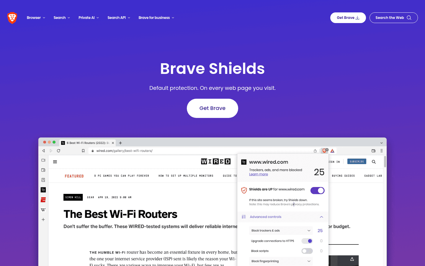 Brave English Shields page showing default protection against ads and trackers.