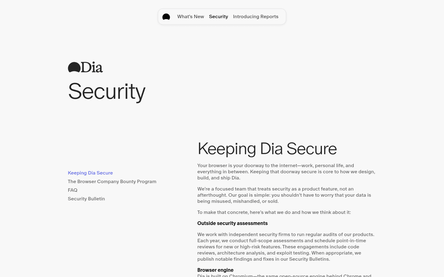 Dia English security page explaining its browser security approach.