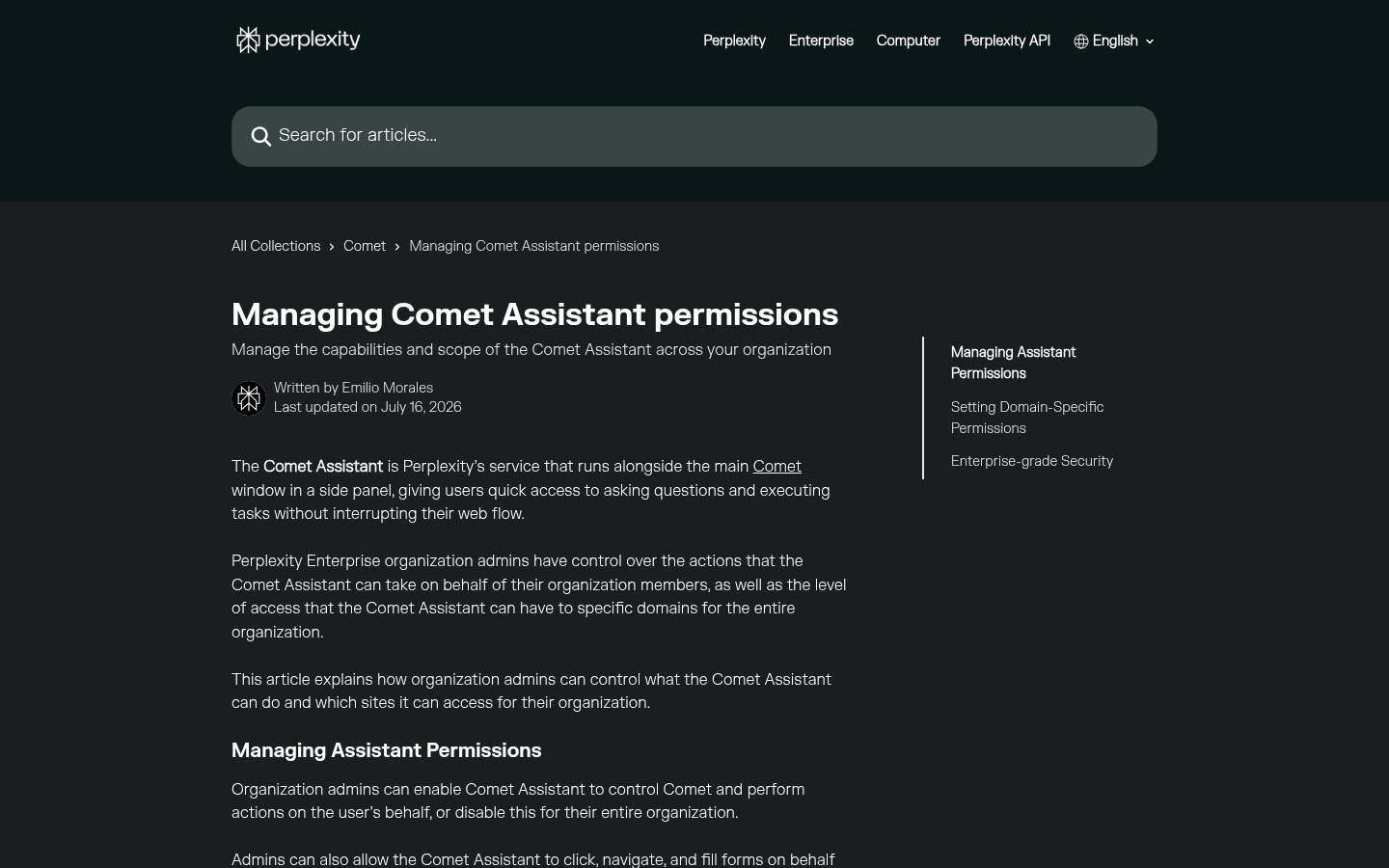 Perplexity English help page explaining organization controls for Comet Assistant permissions.