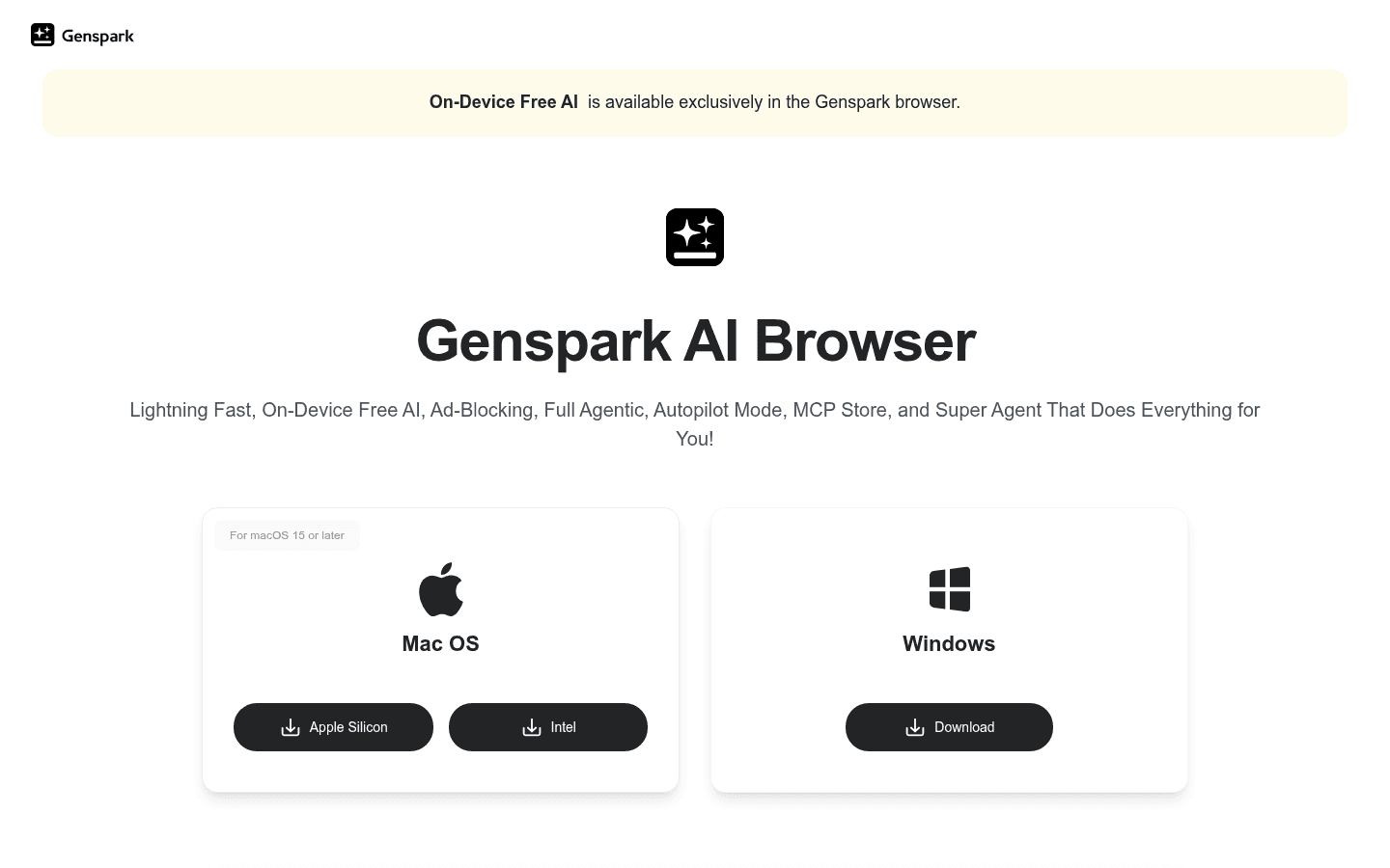 Genspark AI Browser English download page for macOS and Windows.
