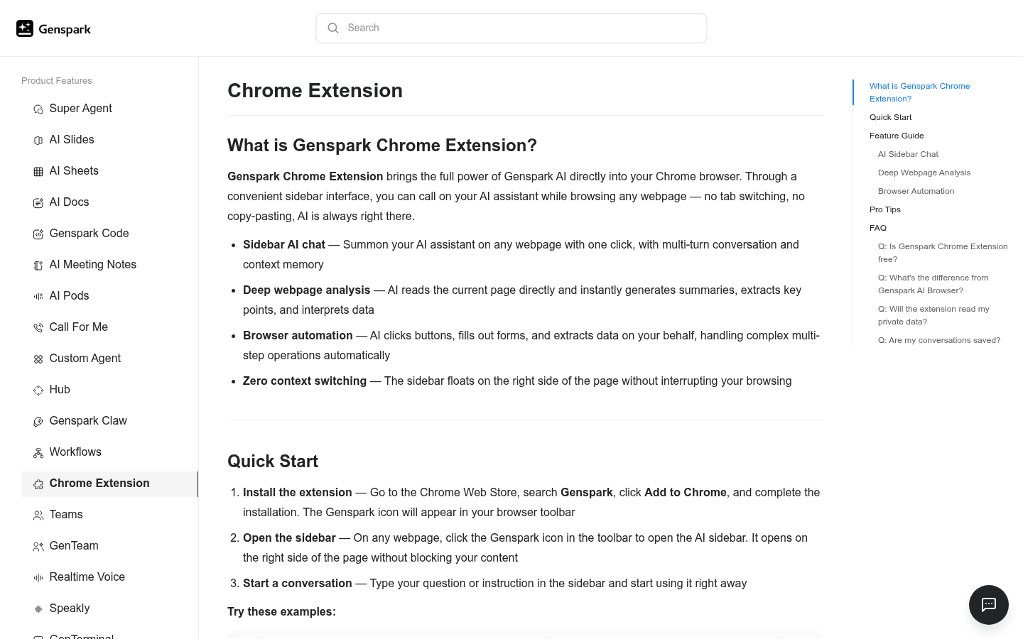 Genspark English Chrome extension documentation for sidebar chat, page analysis, and browser automation.