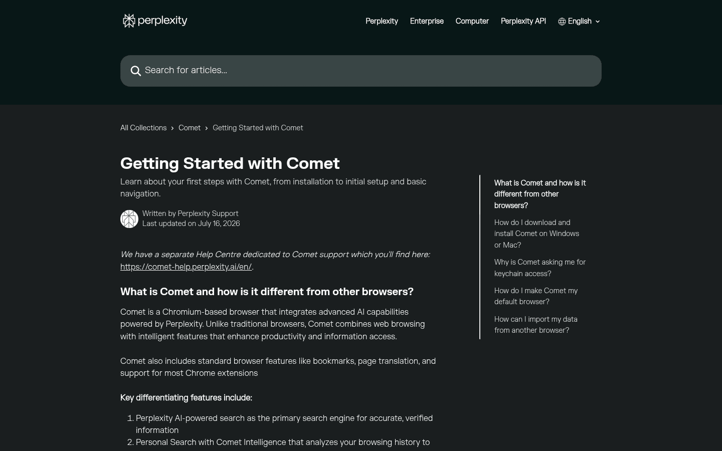 Perplexity English help page explaining the Comet browser and its core capabilities.
