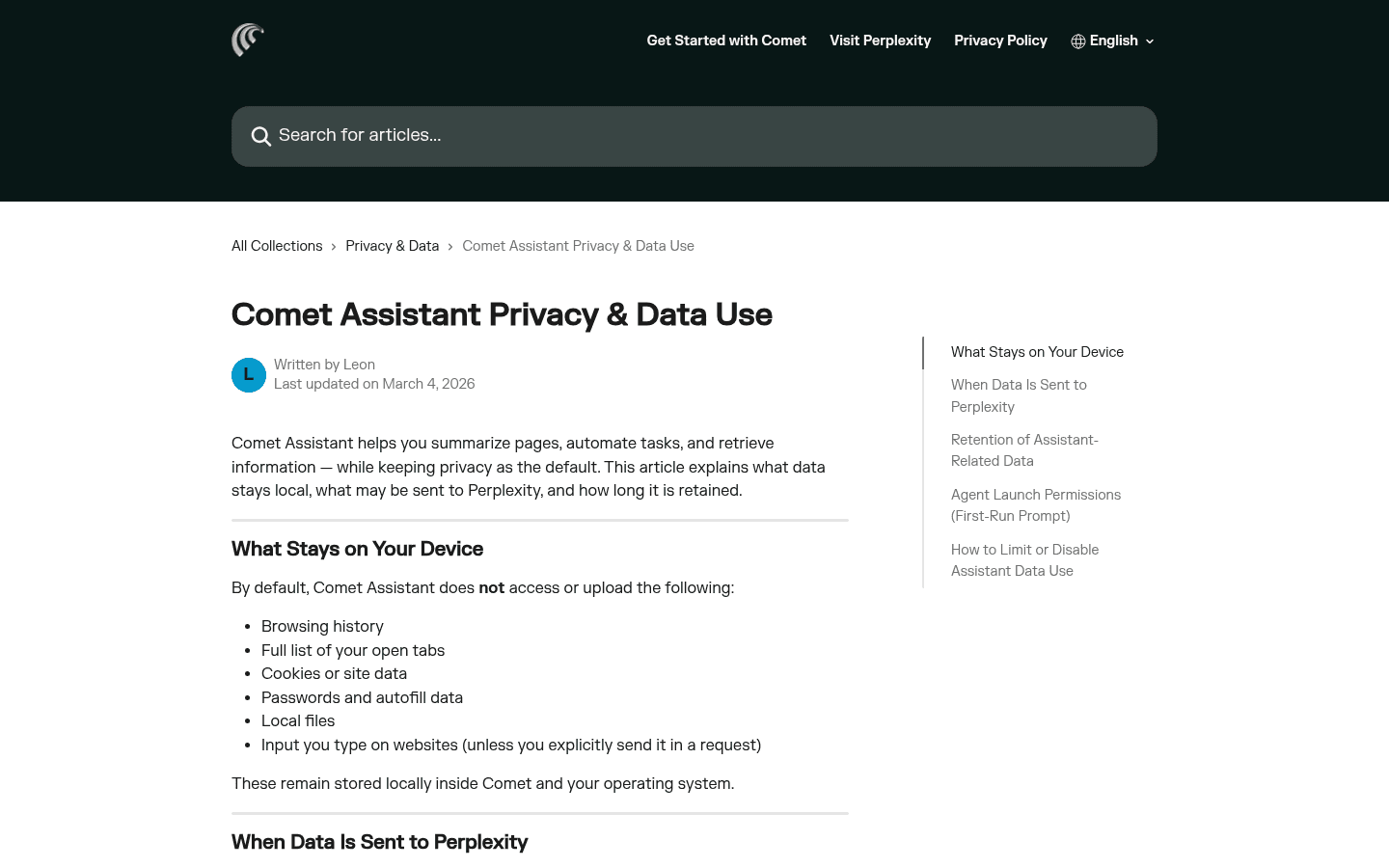 Comet English privacy documentation describing data that remains on the device.