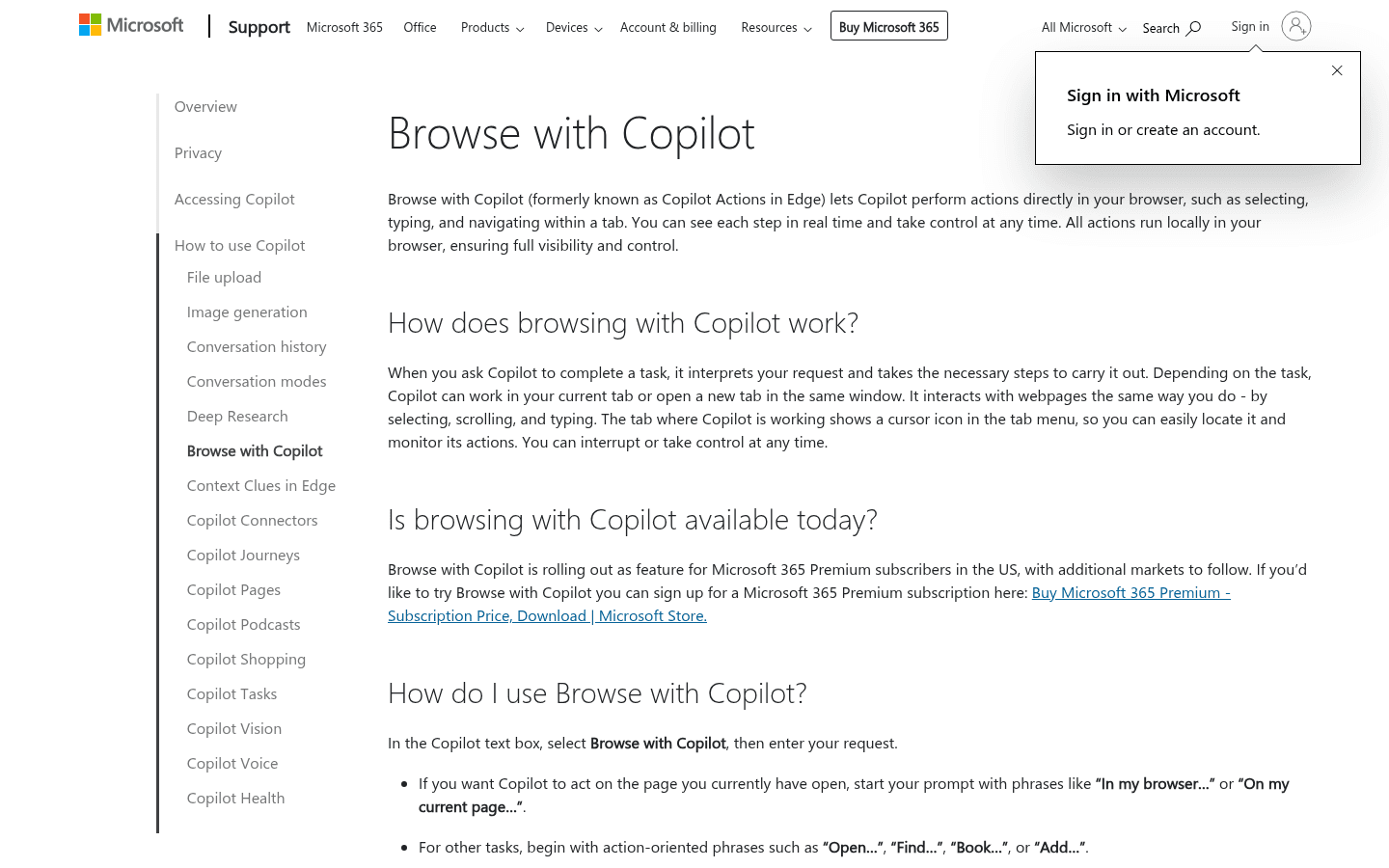 Microsoft English support page explaining Browse with Copilot in Edge.