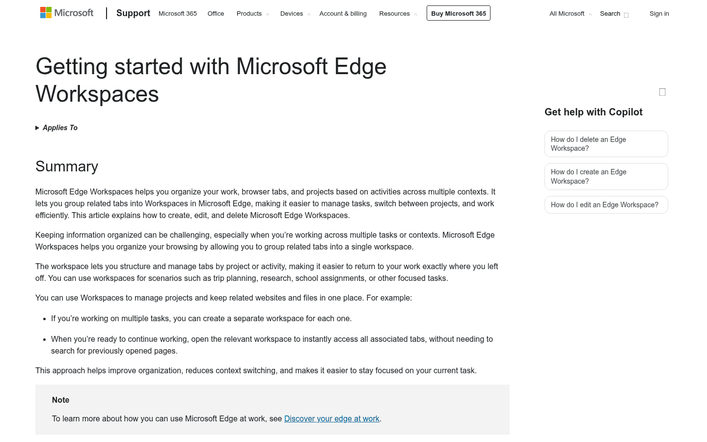 Microsoft English support page explaining Edge Workspaces.