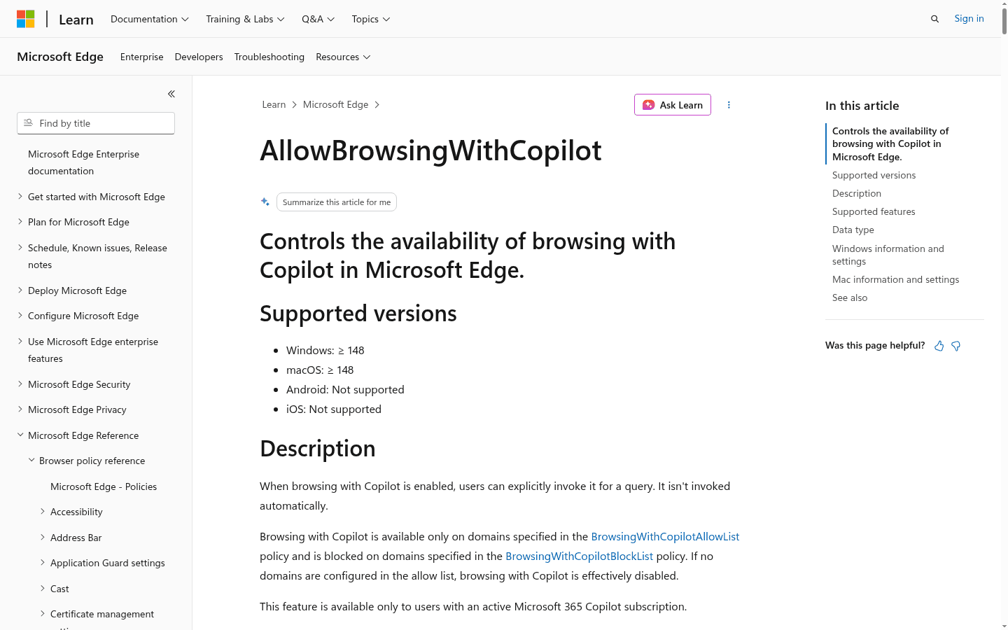 Microsoft Learn English policy page for Browse with Copilot in Edge.