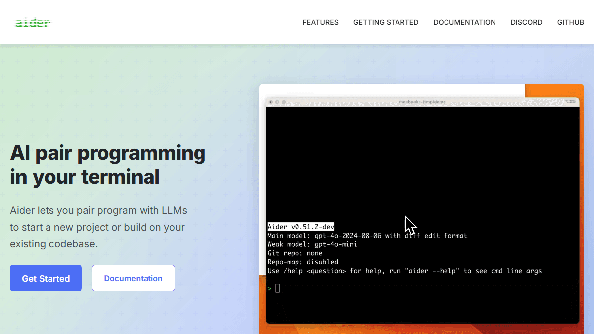Aider official homepage screenshot.