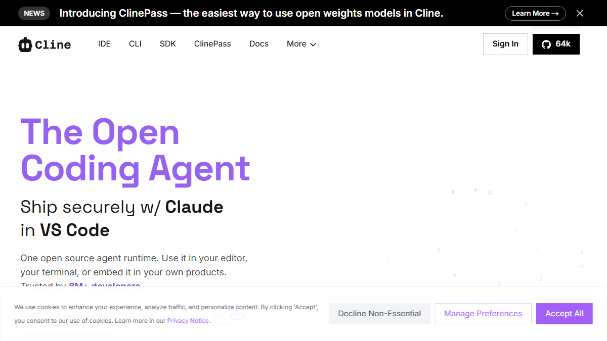 Cline official homepage screenshot.
