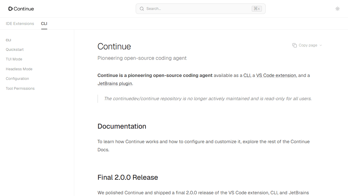 Continue official documentation screenshot.