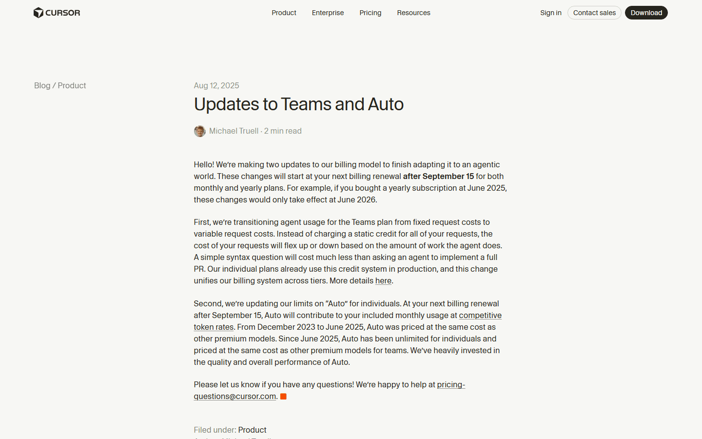 Cursor official August 2025 Teams and Auto pricing update.