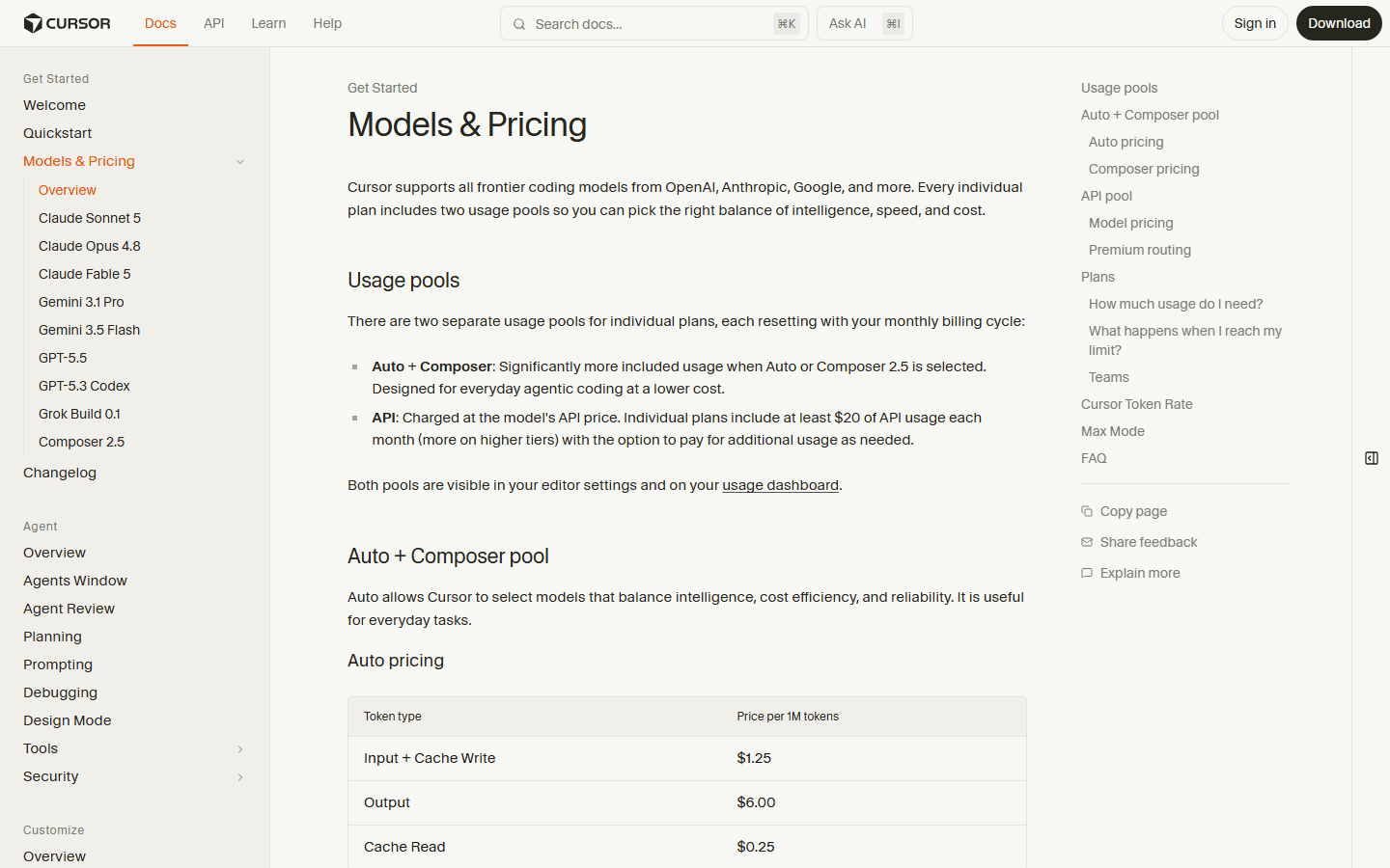 Cursor official Models and Pricing docs showing usage pools and Auto pricing.