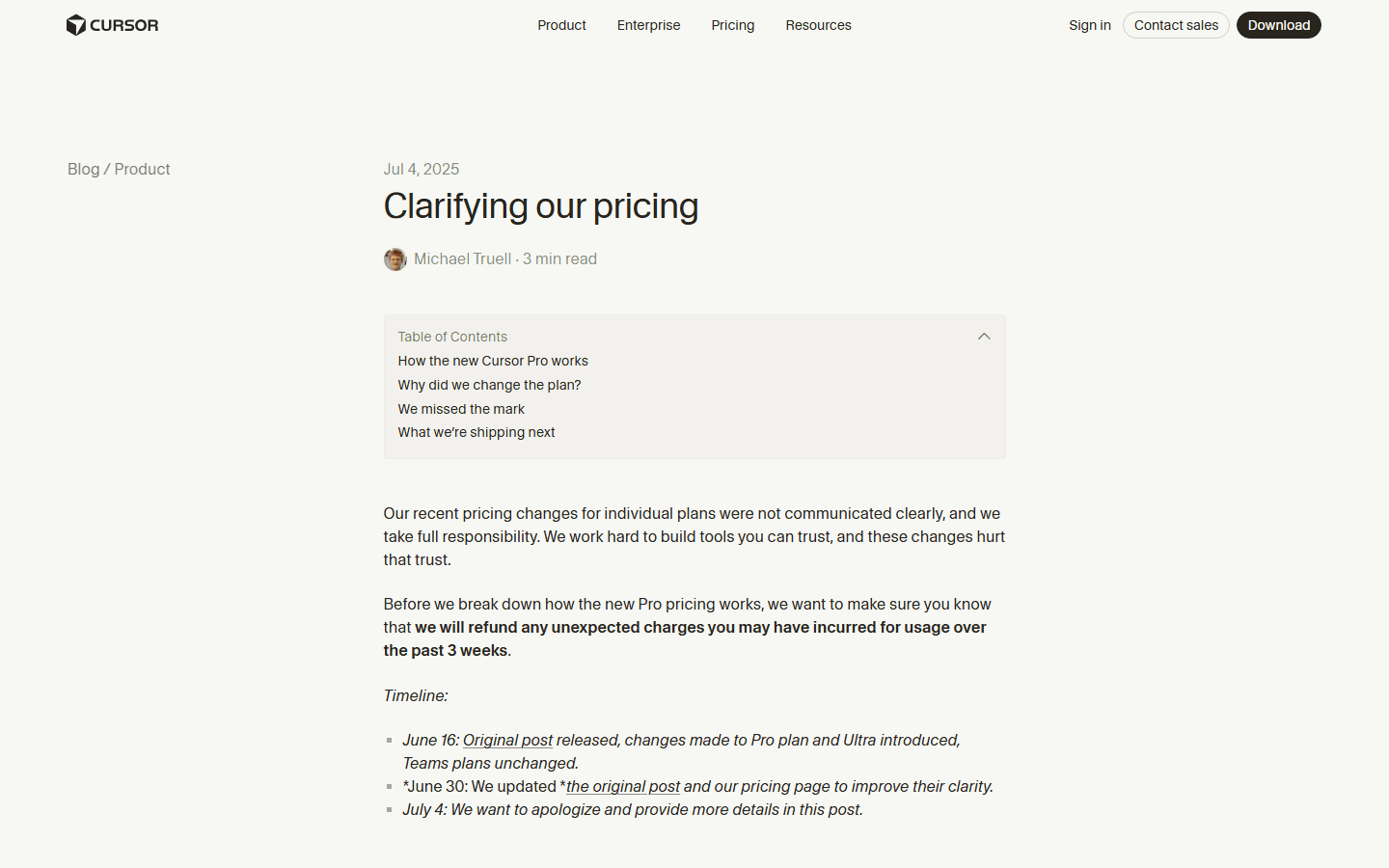 Cursor official June 2025 pricing clarification blog post.
