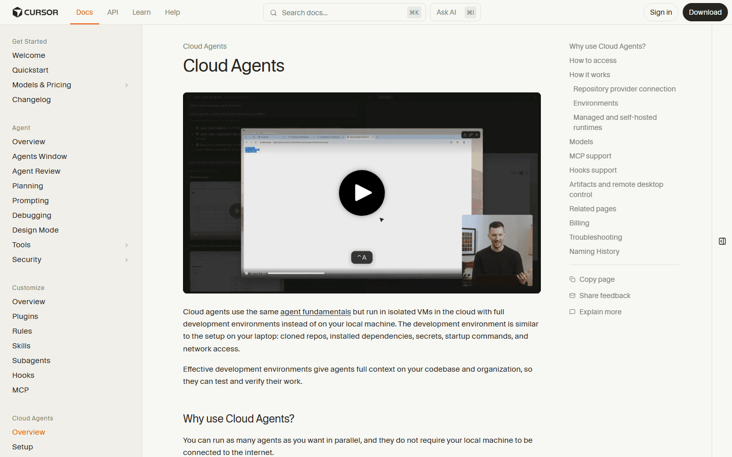 Cursor official Cloud Agents documentation showing a cloud agent video and explanation.