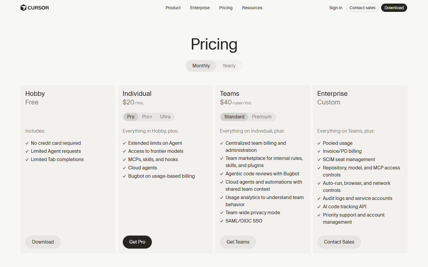 Cursor official pricing page showing Hobby, Individual, Teams, and Enterprise plan cards.
