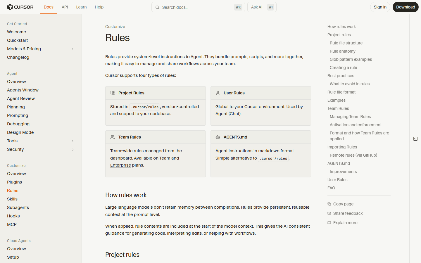 Cursor official rules documentation showing project rules, user rules, team rules, and AGENTS.md.