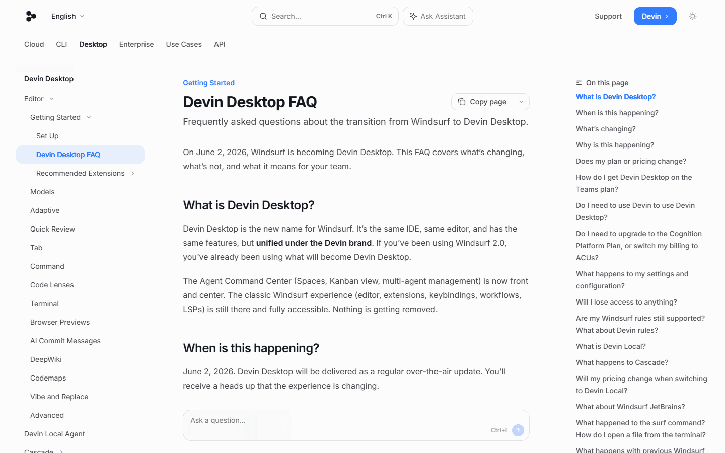 Devin Desktop FAQ explaining the transition from Windsurf to Devin Desktop.