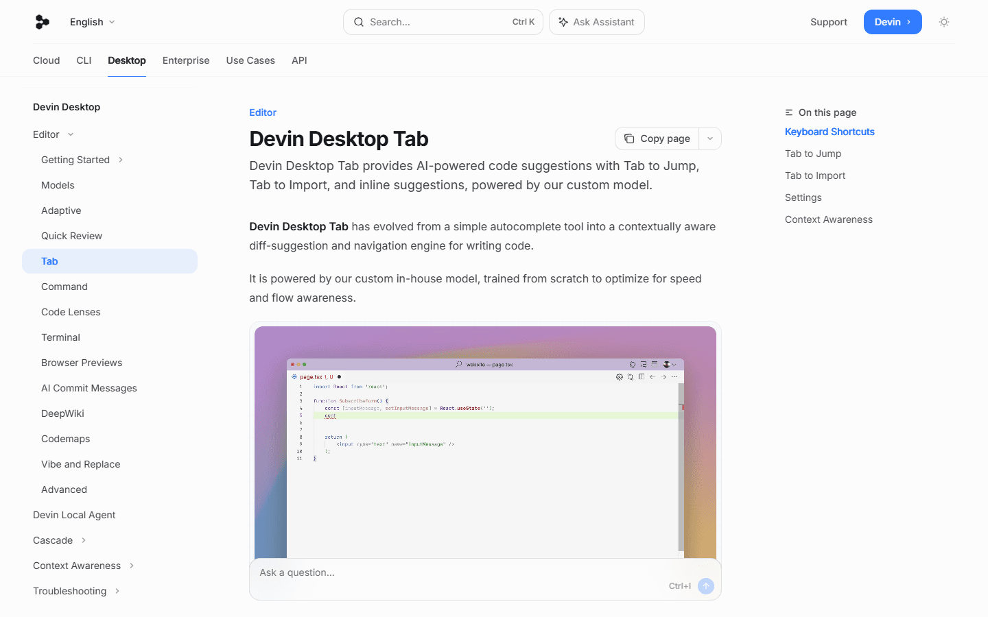 Devin Desktop Tab documentation explaining Tab to Jump, Tab to Import, and inline suggestions.