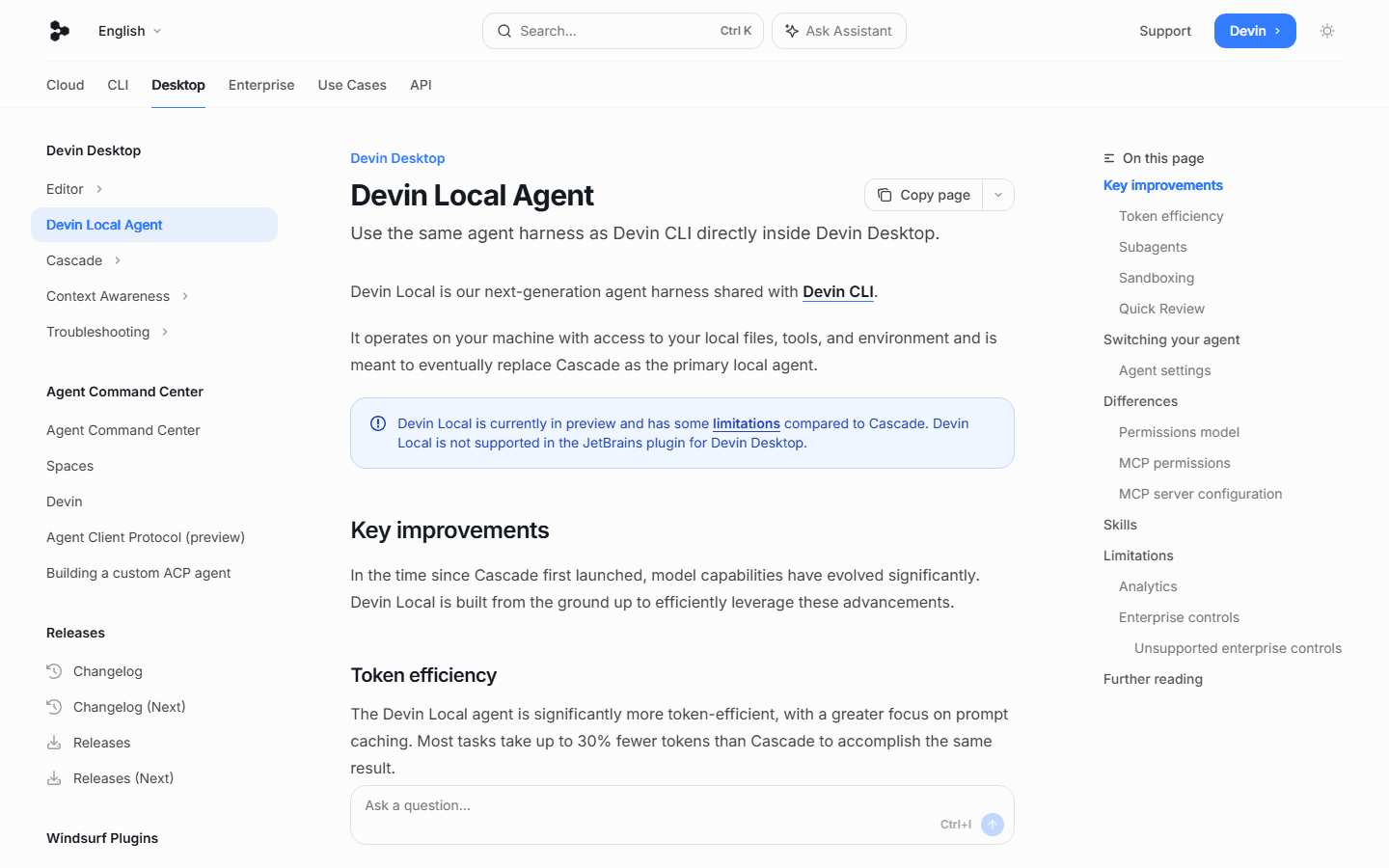 Devin Local Agent documentation explaining the local agent harness inside Devin Desktop.