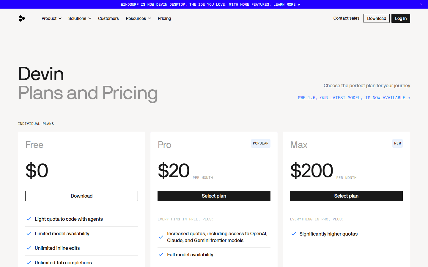Devin official pricing page showing Windsurf is now Devin Desktop and individual plans.