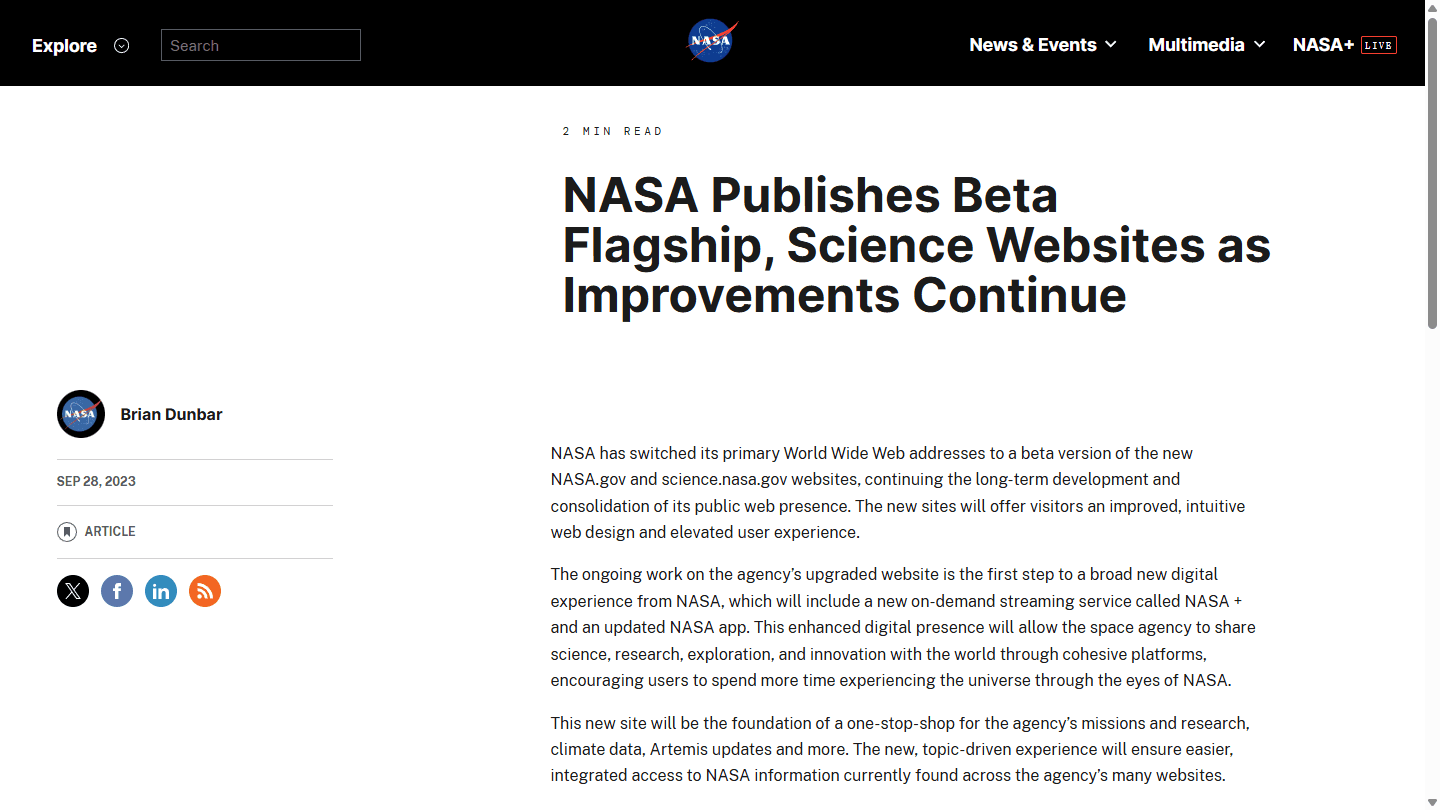 NASA's English announcement for its new flagship NASA.gov and science.nasa.gov websites.