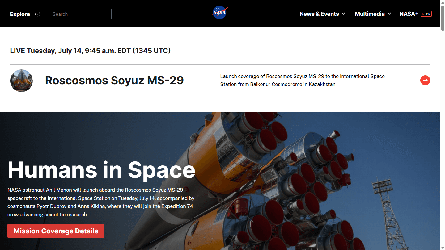 The current English NASA.gov homepage showing live mission coverage in July 2026.
