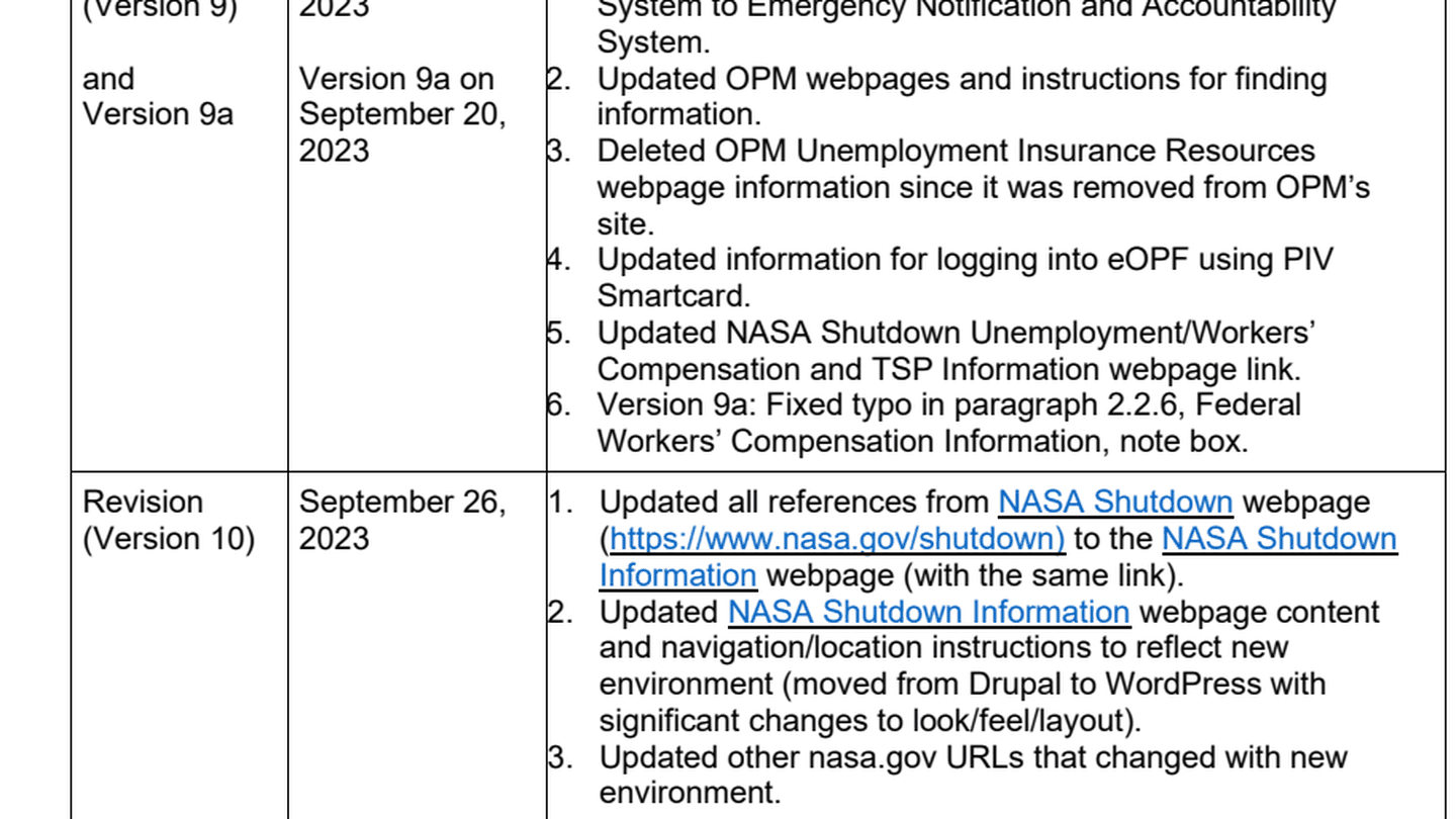 NASA's English revision record stating that a NASA.gov environment moved from Drupal to WordPress in September 2023.