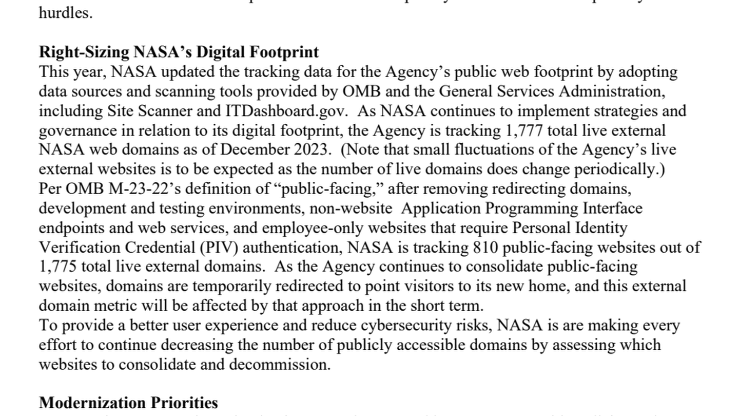 NASA's English 2023 website modernization report describing 1,777 external domains and 810 public-facing websites.