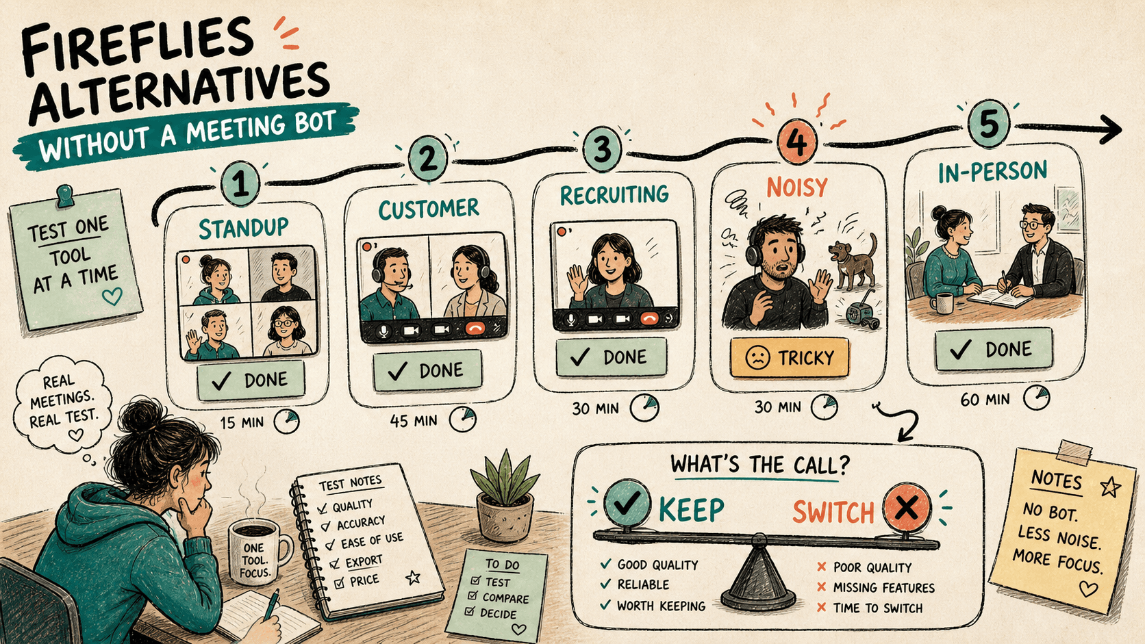 Hand-drawn five-call test plan for Fireflies alternatives without a meeting bot.