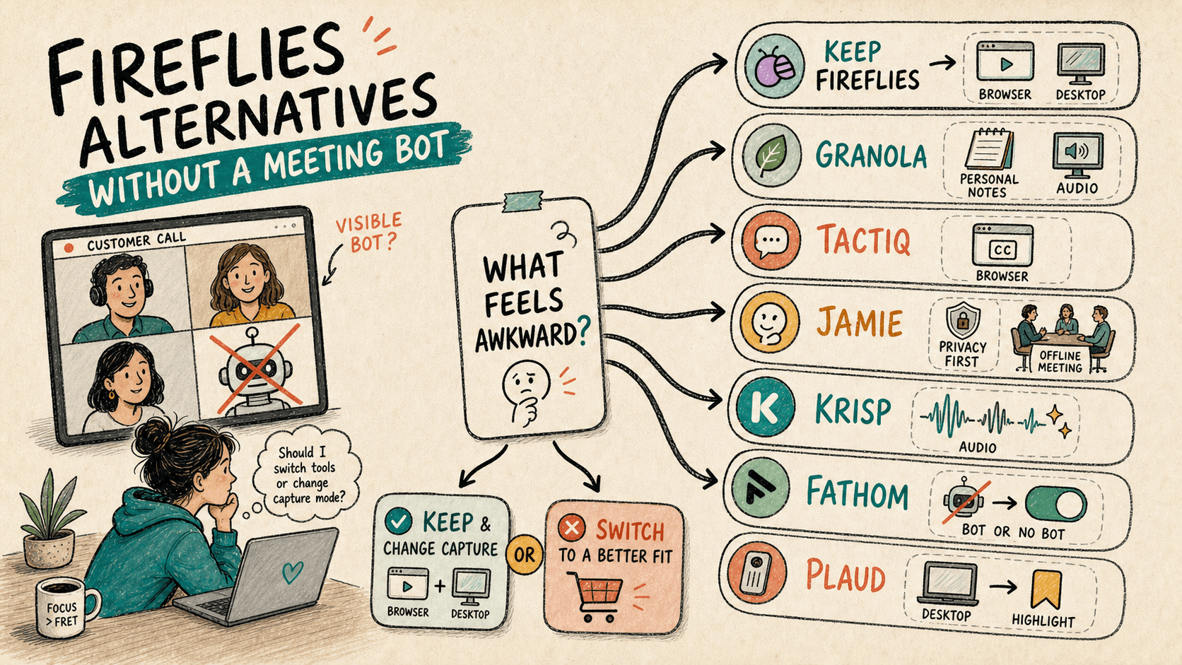 Hand-drawn decision map for choosing Fireflies alternatives without a meeting bot.