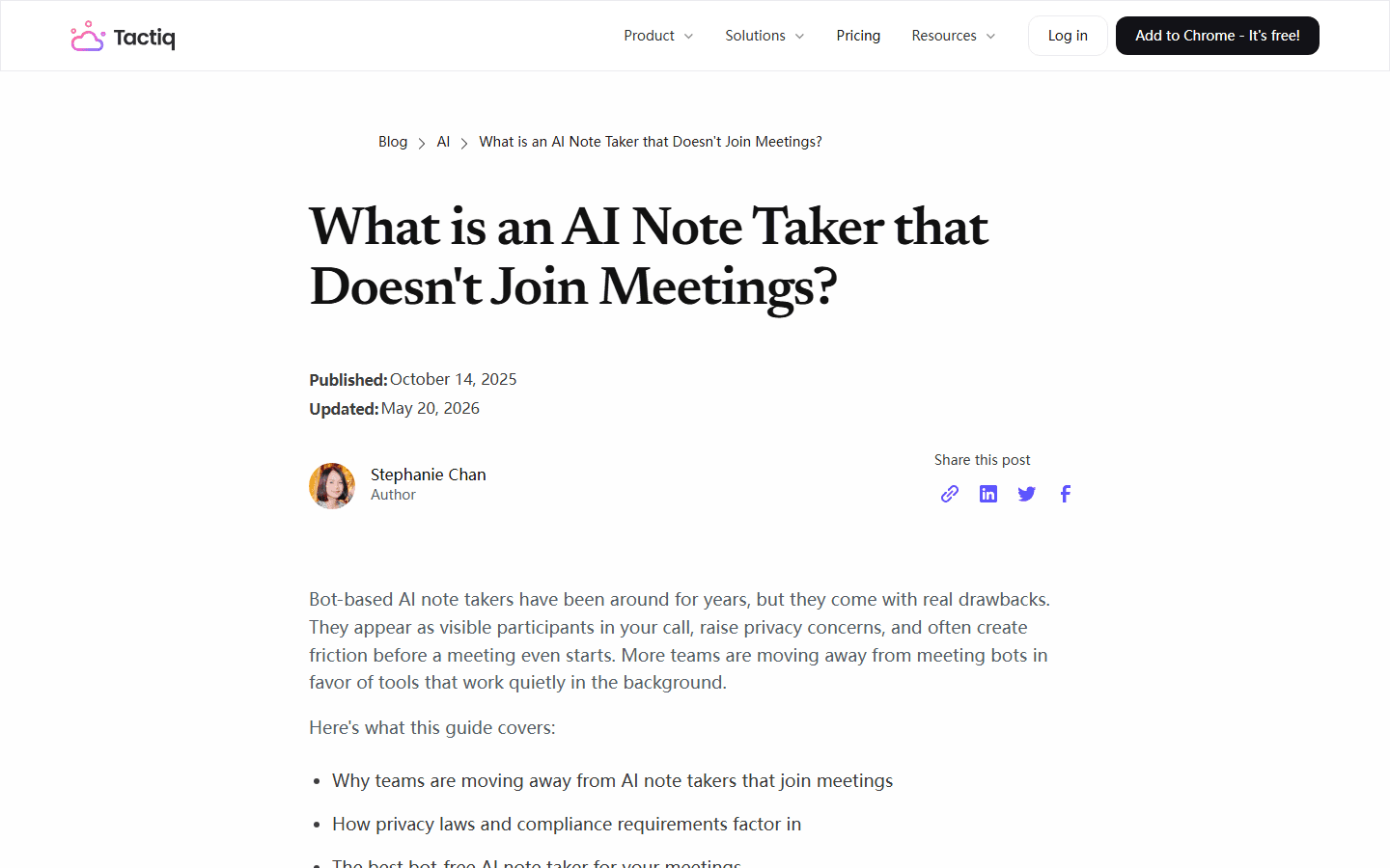 Tactiq official no-bot article screenshot.