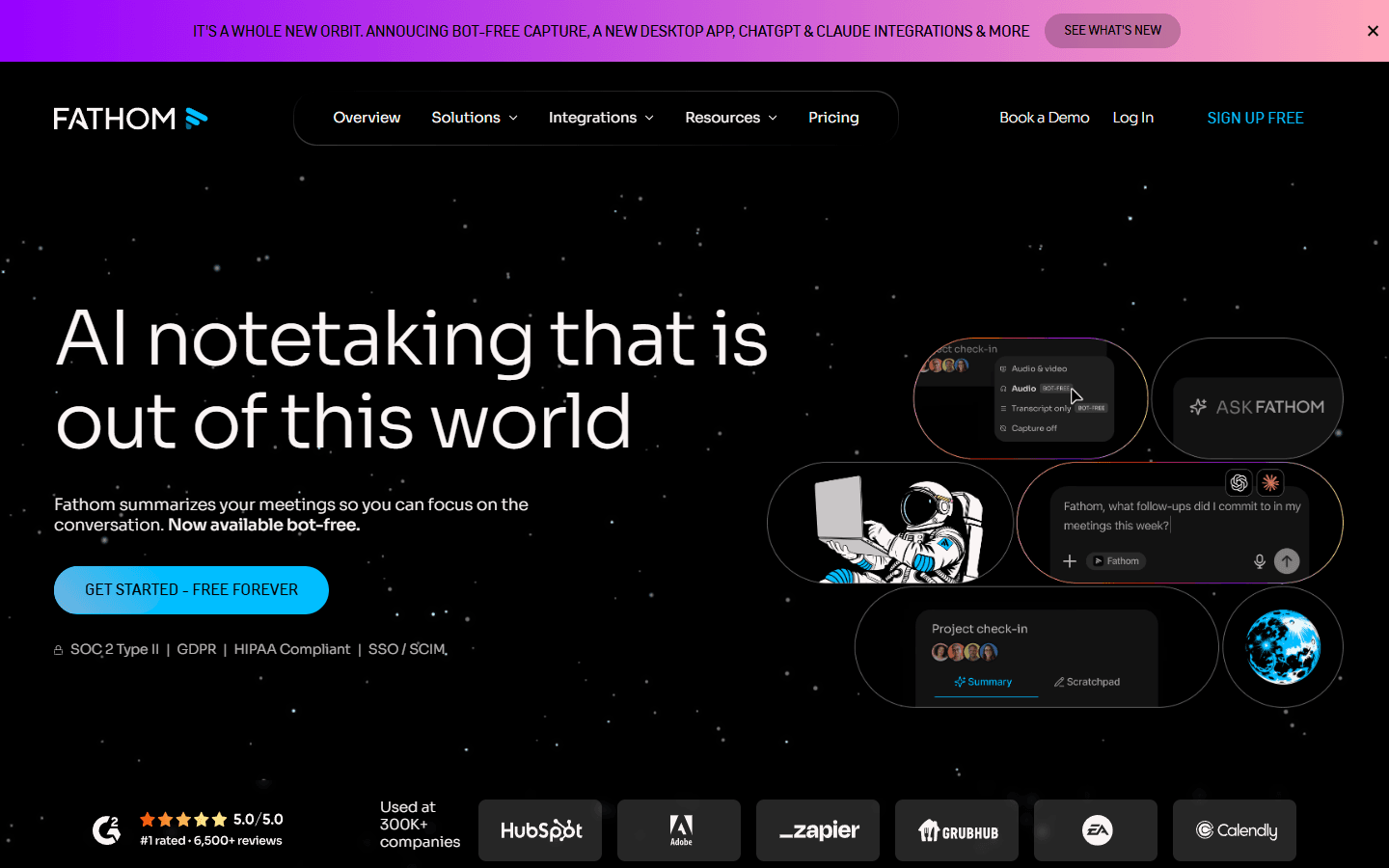 Fathom official English homepage presenting bot-free capture, Ask Fathom, and meeting summaries.