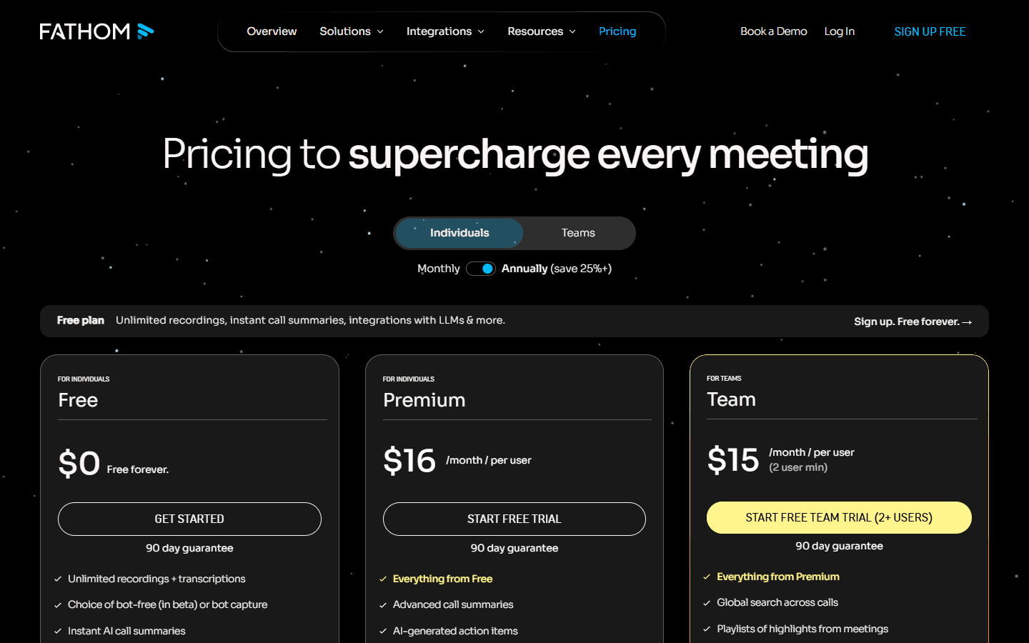 Fathom official English pricing page showing Free, Premium, and Team plans.